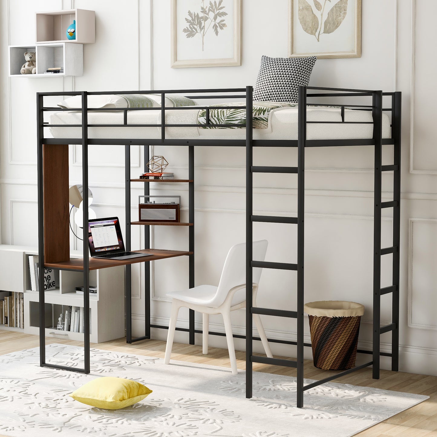 TREATLIFE HOME Twin Metal Loft Bed with Integrated Desk and Shelves, Sturdy Design, Black