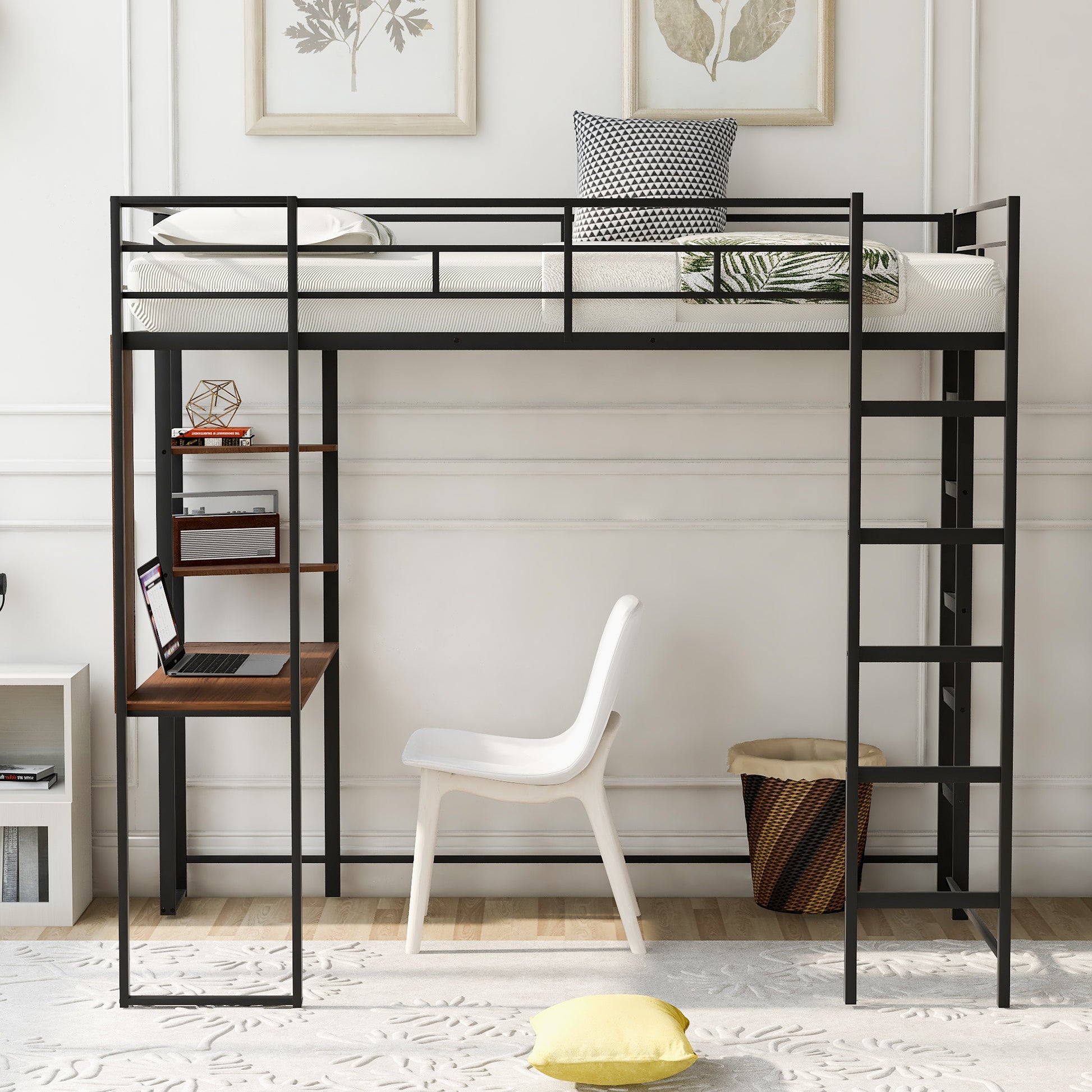 Black metal loft bed with integrated desk and shelves for study space