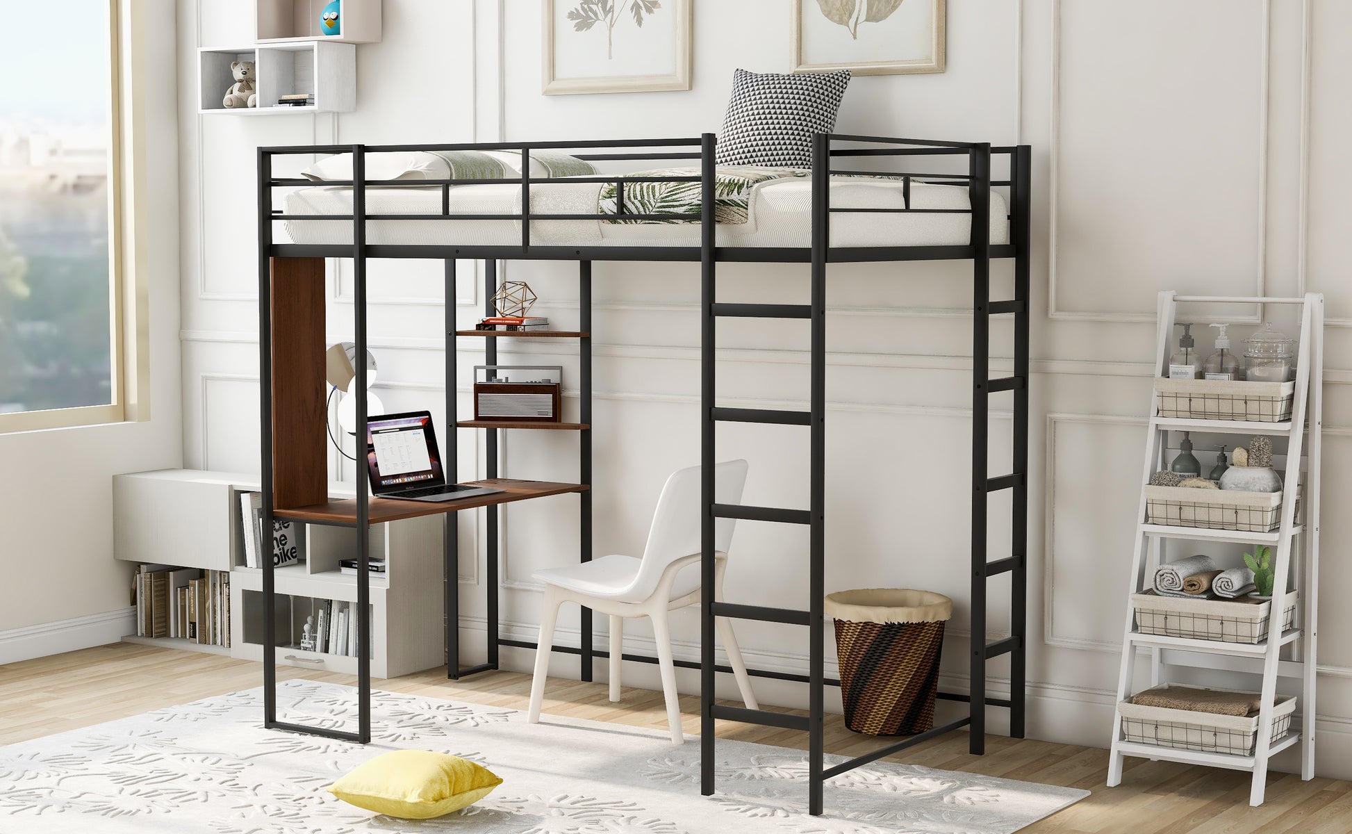 Black metal loft bed with desk and ladder