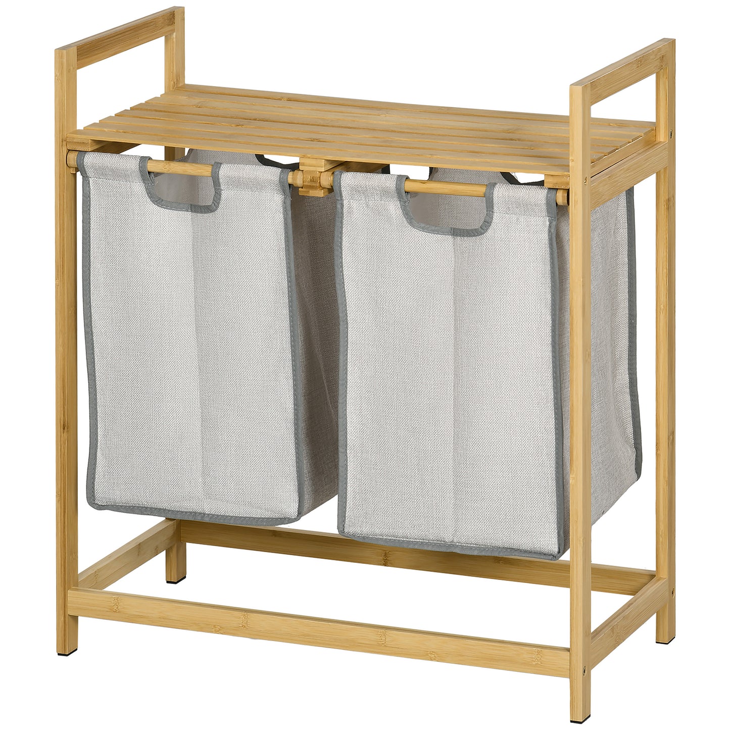 Wooden frame laundry hamper with two grey fabric bins and slatted top shelf