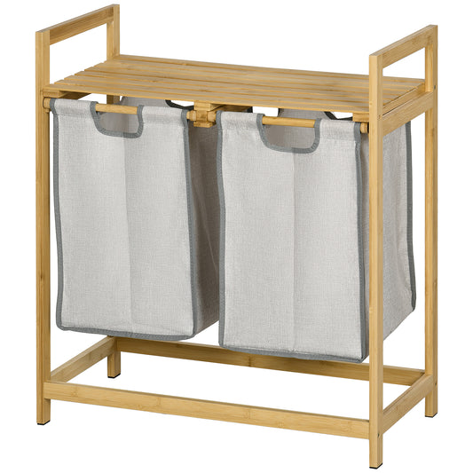 Wooden frame laundry hamper with two grey fabric bins and slatted top shelf