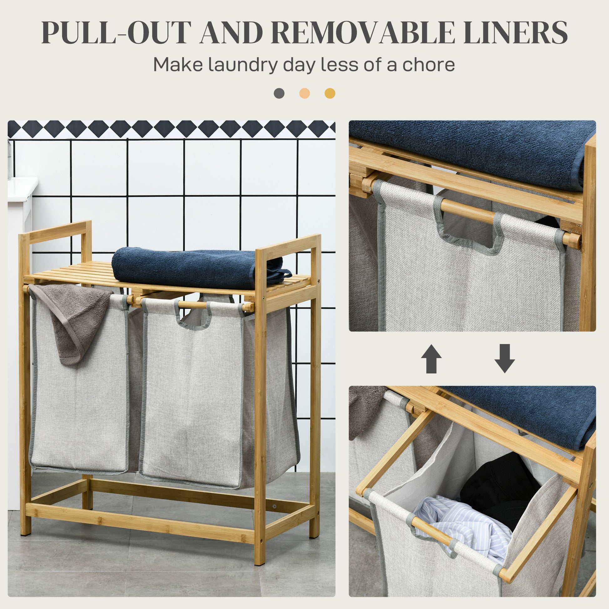 Bamboo laundry sorter with two grey fabric bins and pullout liners