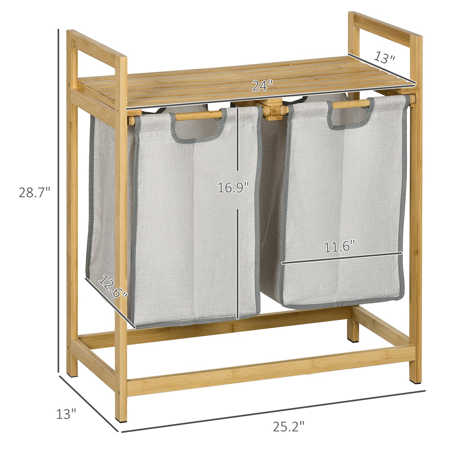 Bamboo laundry hamper with two grey fabric bins and a slatted top shelf