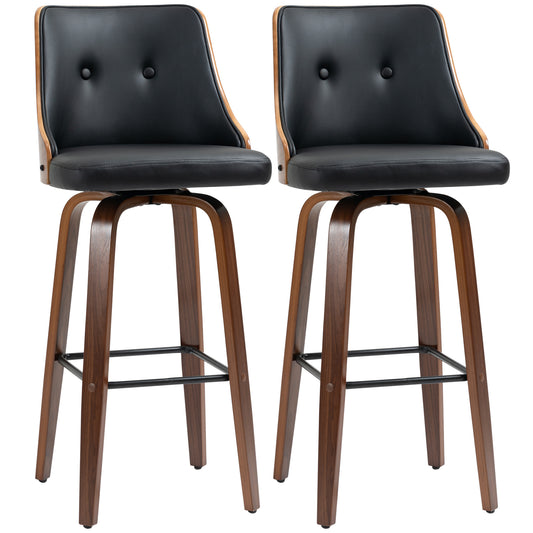 Pair of black tufted faux leather swivel bar stools with woodfinished curved backs and legs