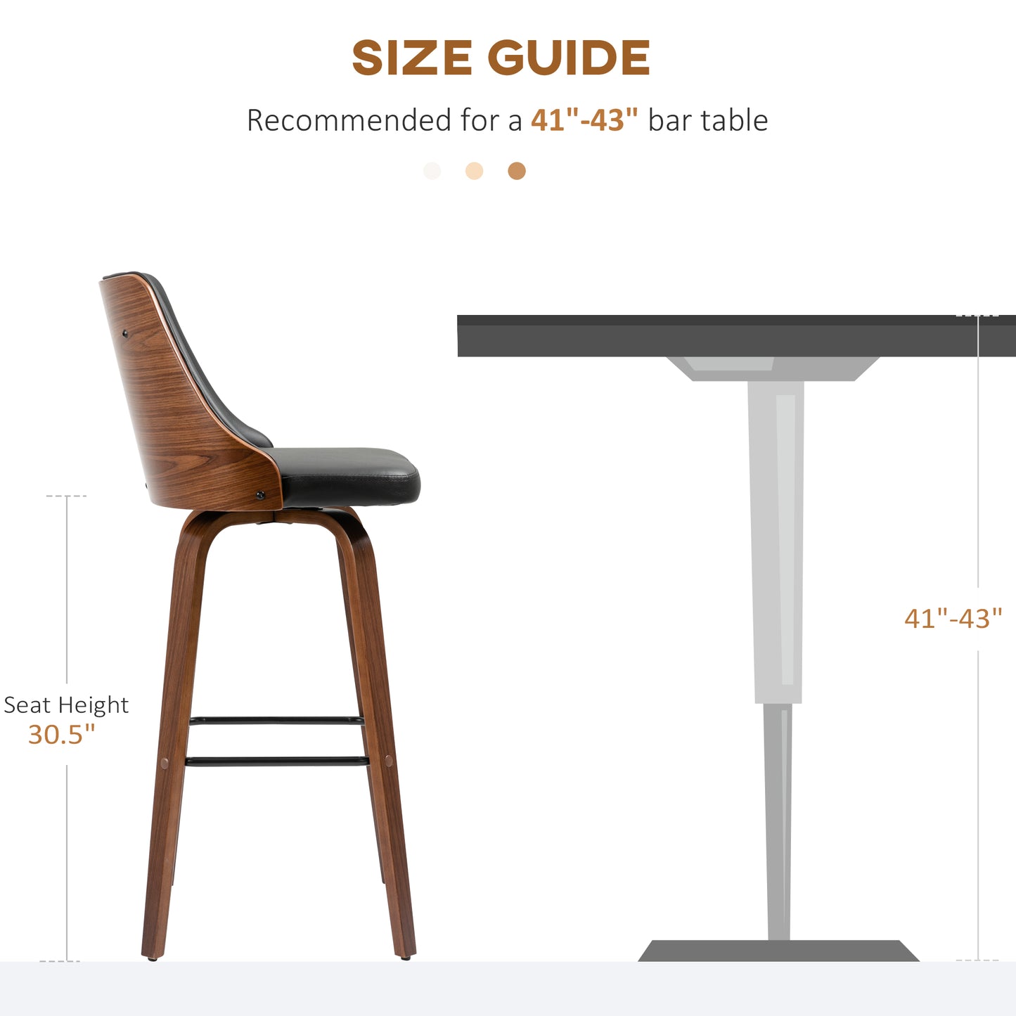 Brown wood and black leather bar stool with  seat height