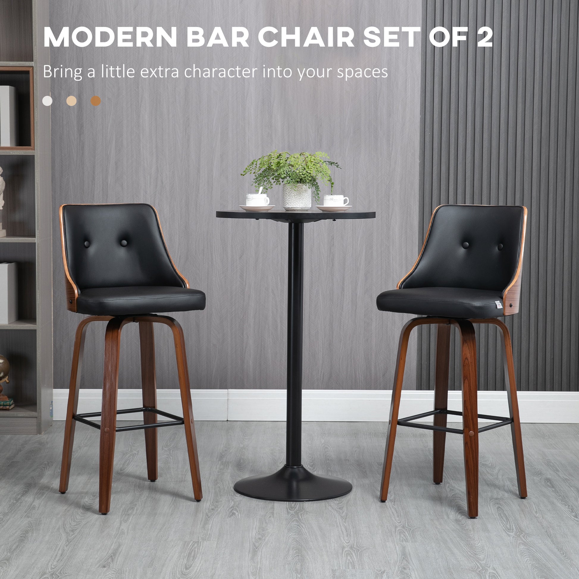 Black upholstered bar stool set with curved wood accents perfect for modern kitchens