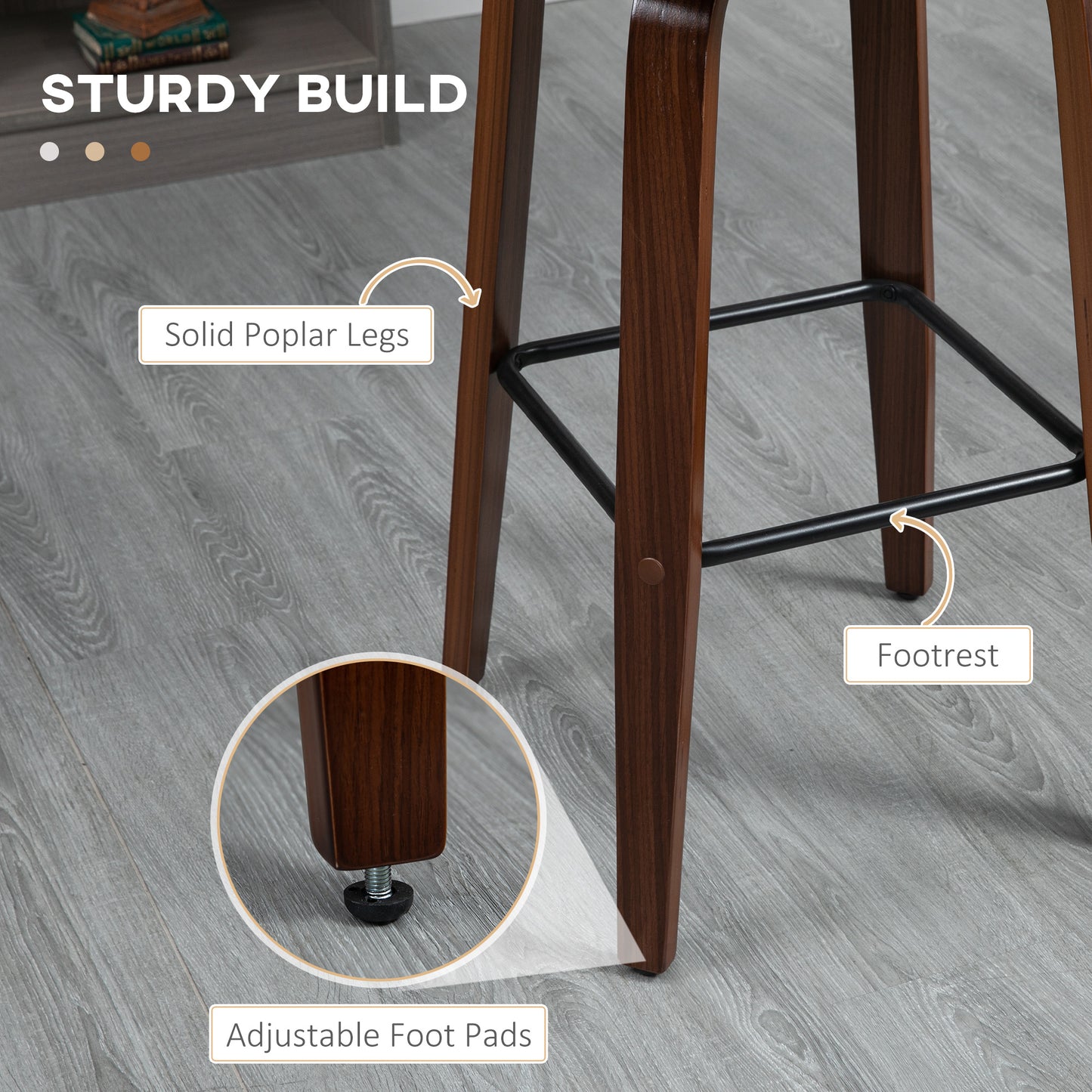 Wooden bar stool with solid poplar legs and adjustable foot pads for stability