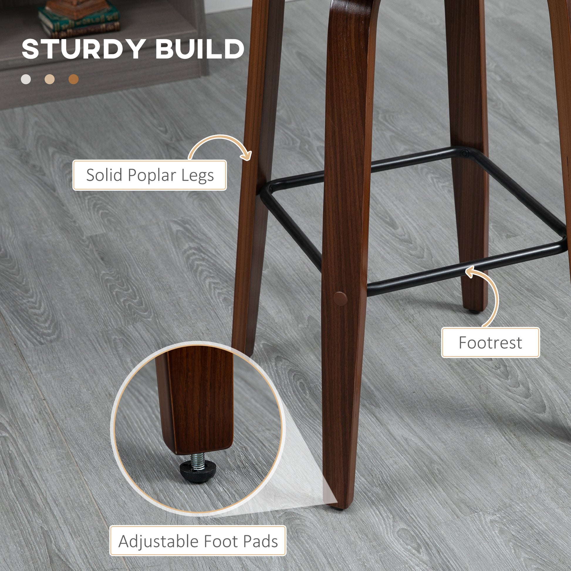Wooden bar stool with solid poplar legs and adjustable foot pads for stability