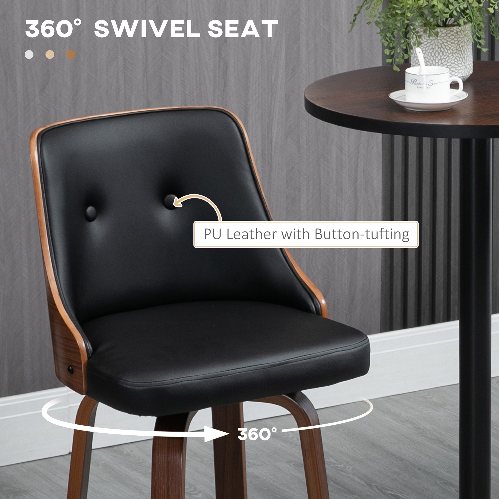 Black PU leather swivel bar stool with button tufting and walnut wood frame
