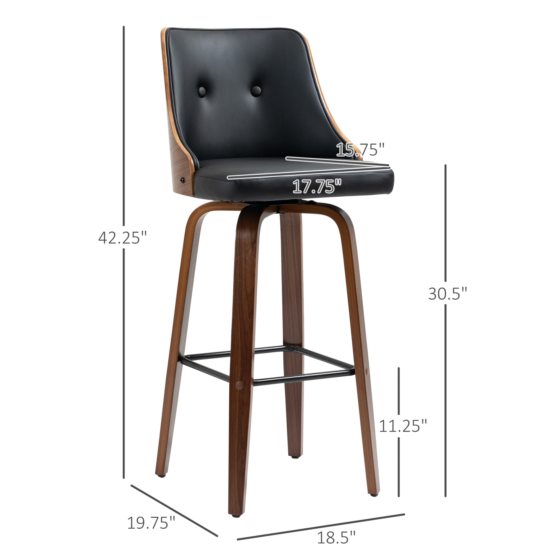 Black leather swivel bar stool with curved walnut wood accents