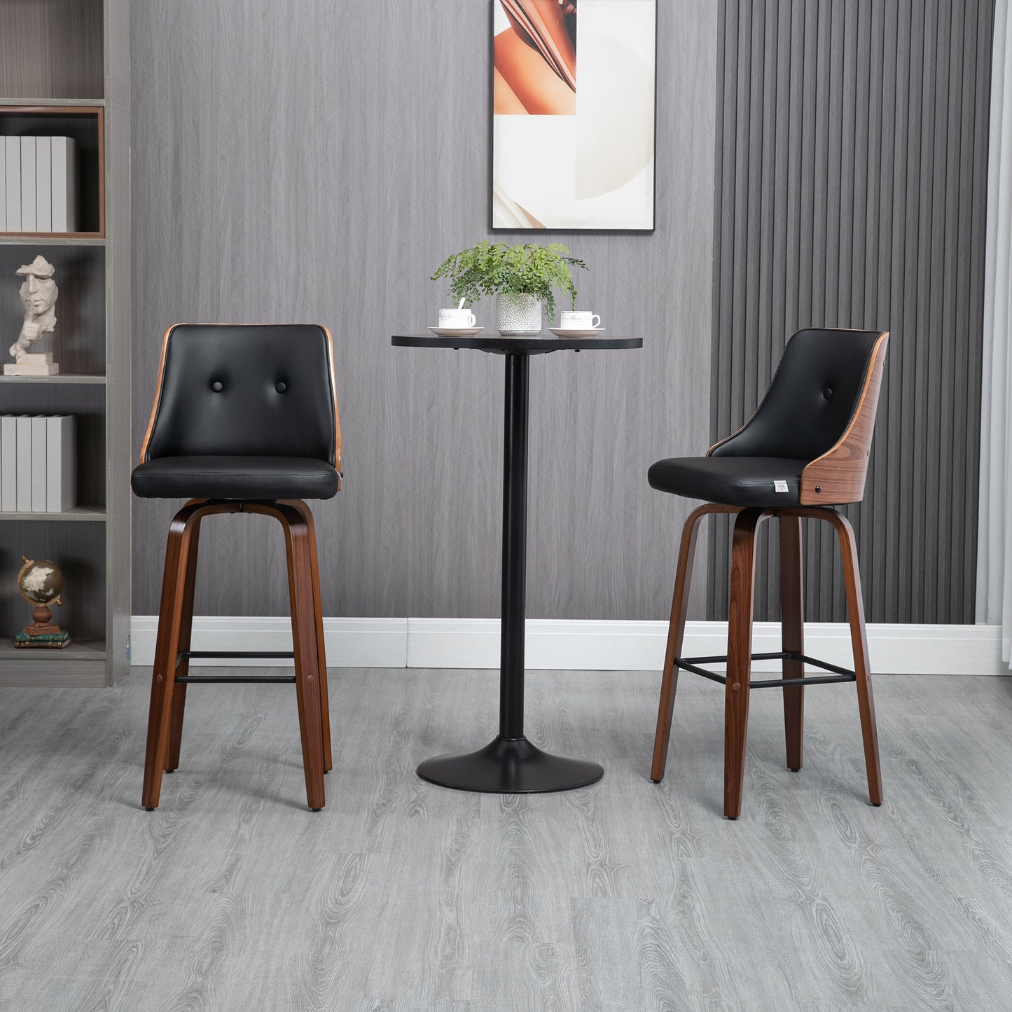 Black upholstered bar stool with wooden frame and swivel base