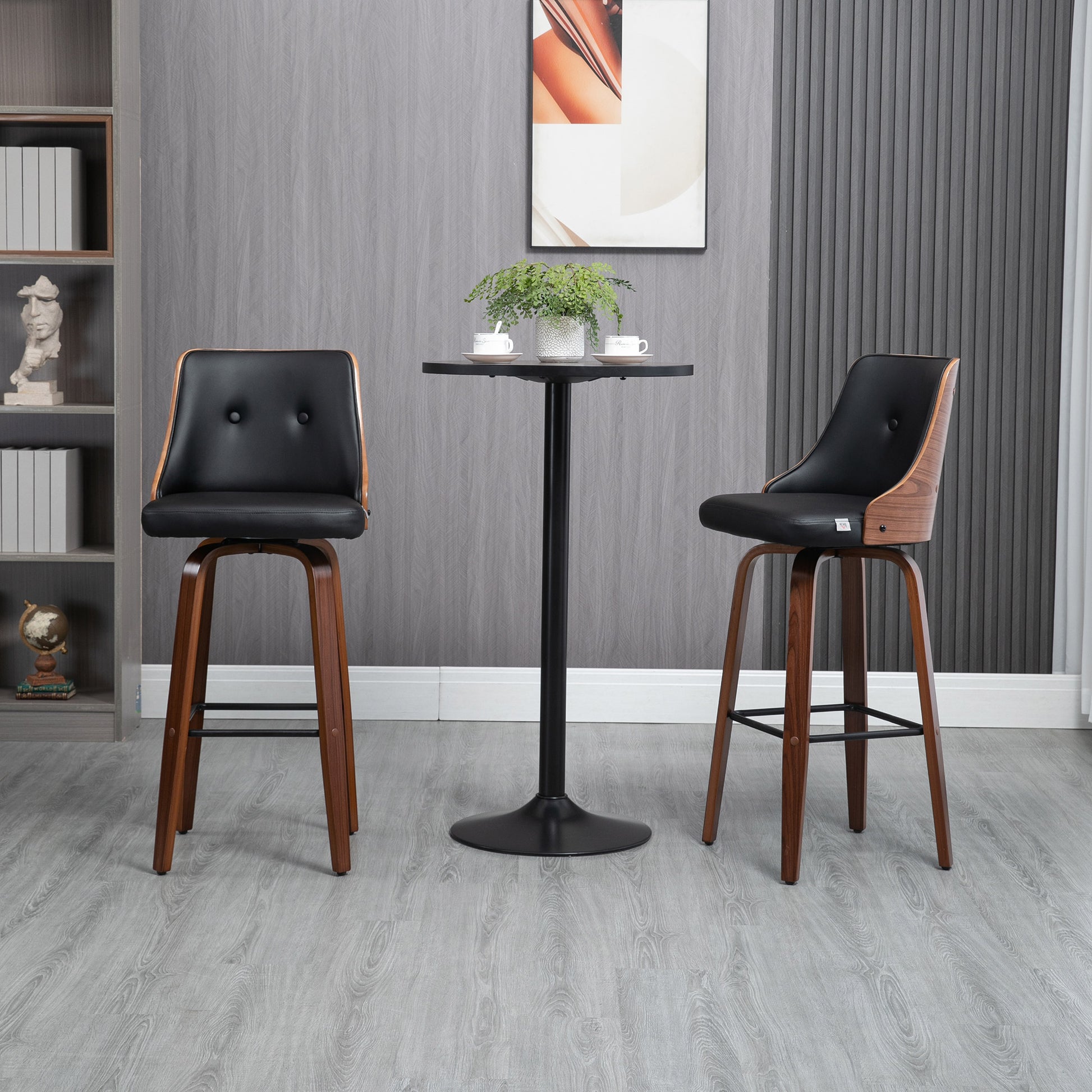 Black upholstered bar stool with wooden frame and swivel base