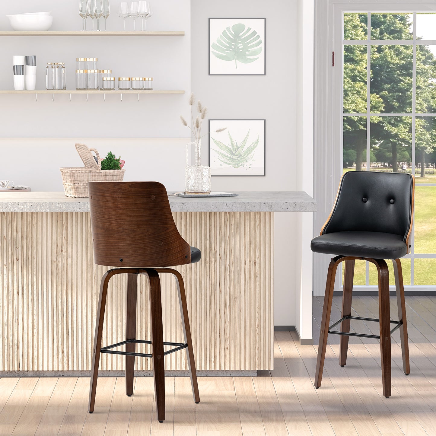 Dark walnut wood and black faux leather swivel bar stool with button tufting