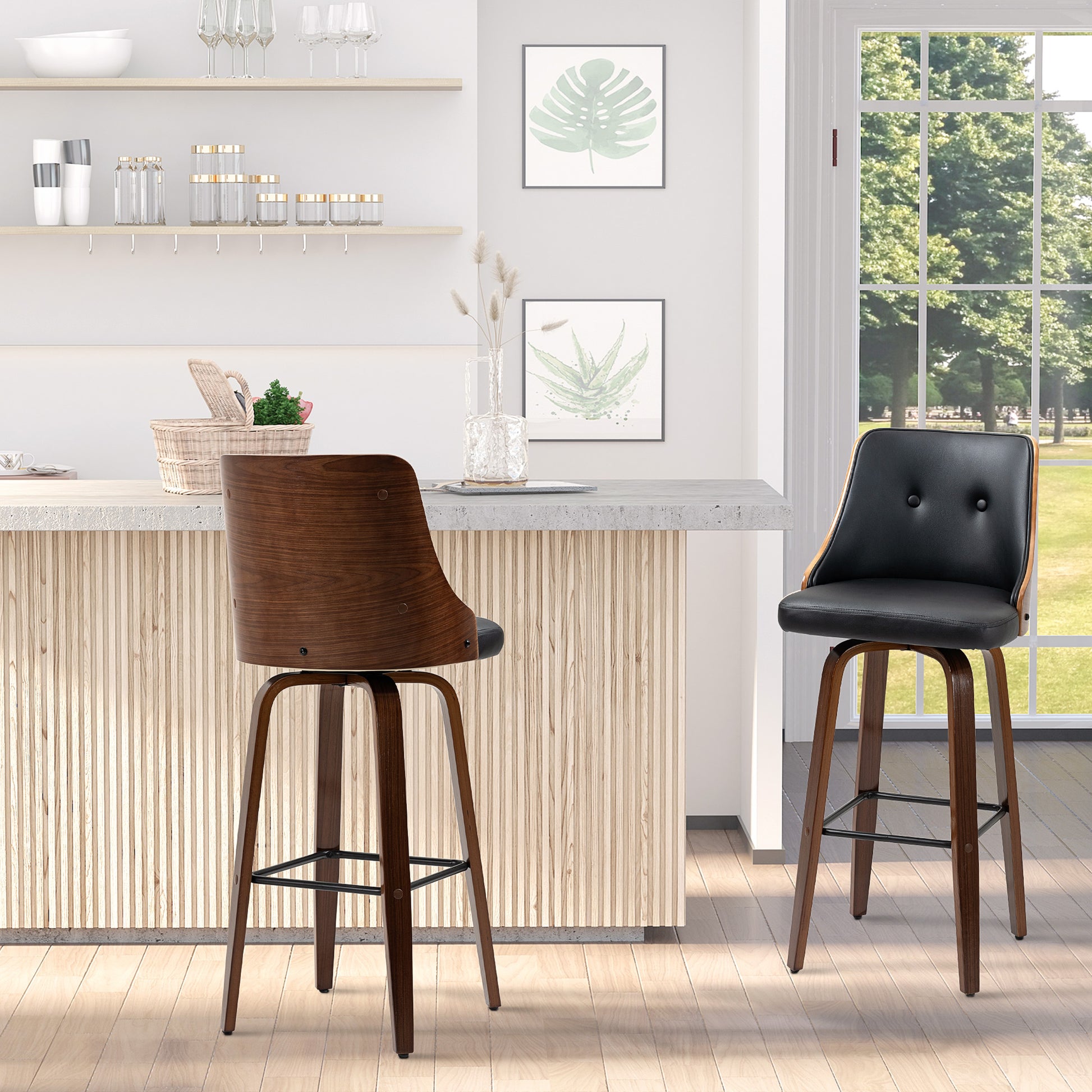 Dark walnut wood and black faux leather swivel bar stool with button tufting