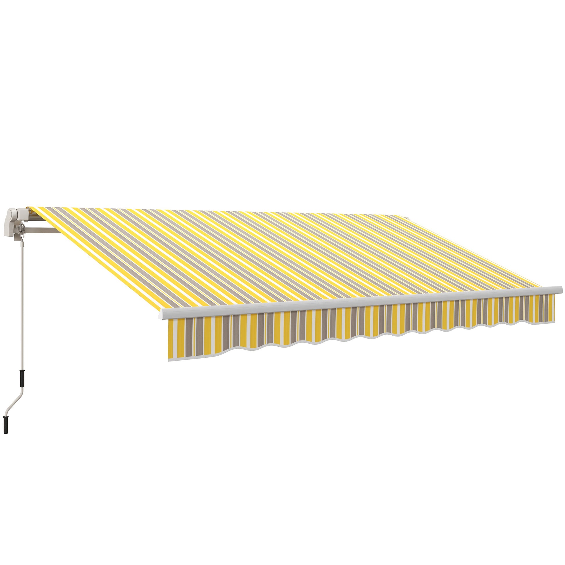 Retractable awning with yellow grey and white striped fabric manual crank operation