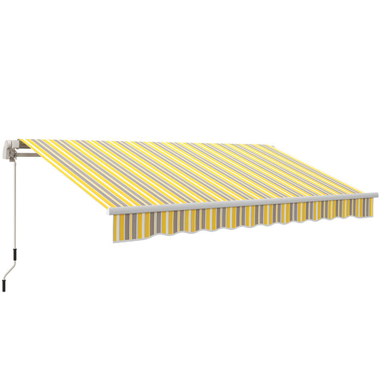 Retractable awning with yellow grey and white striped fabric manual crank operation