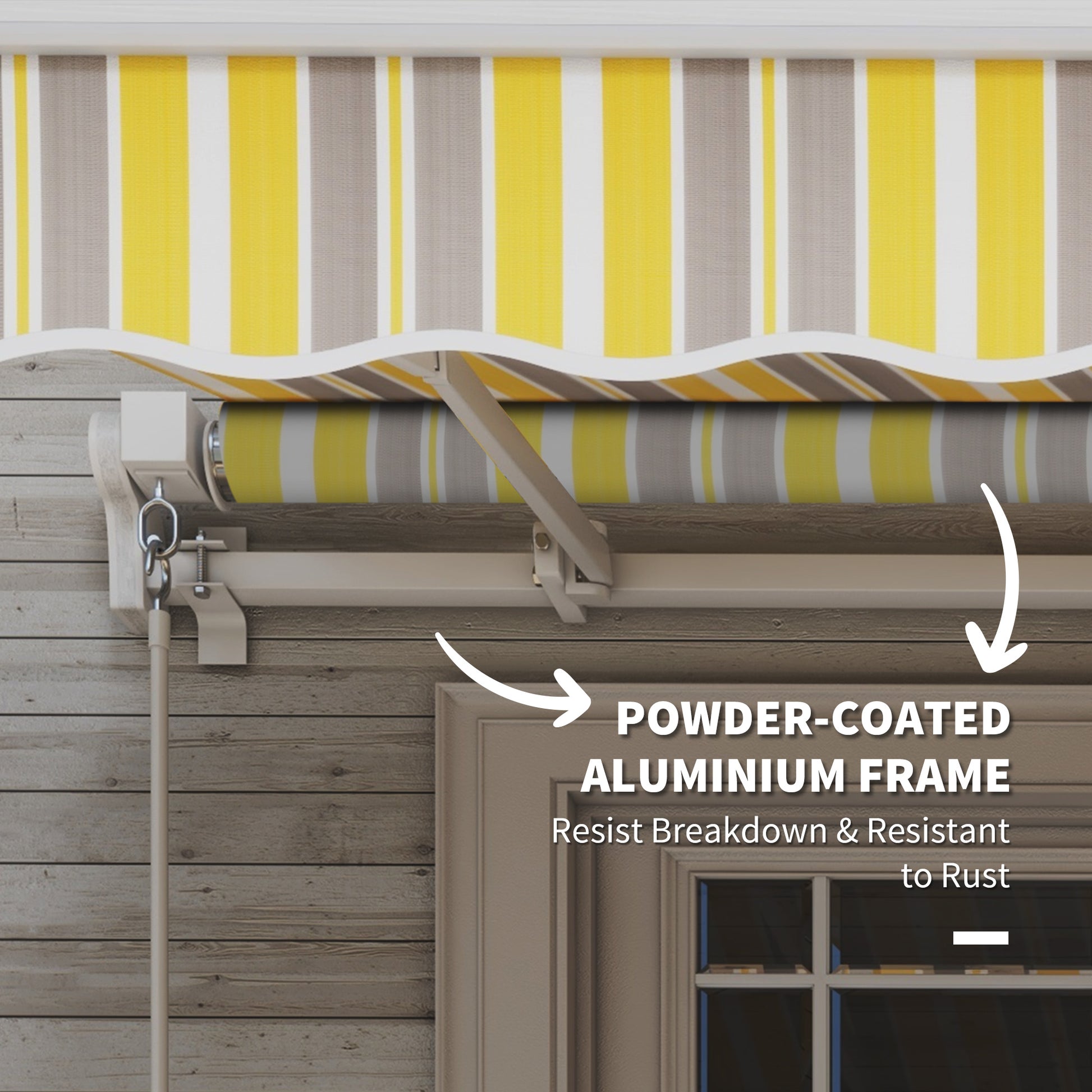 Yellow and grey striped retractable awning with powdercoated aluminum frame