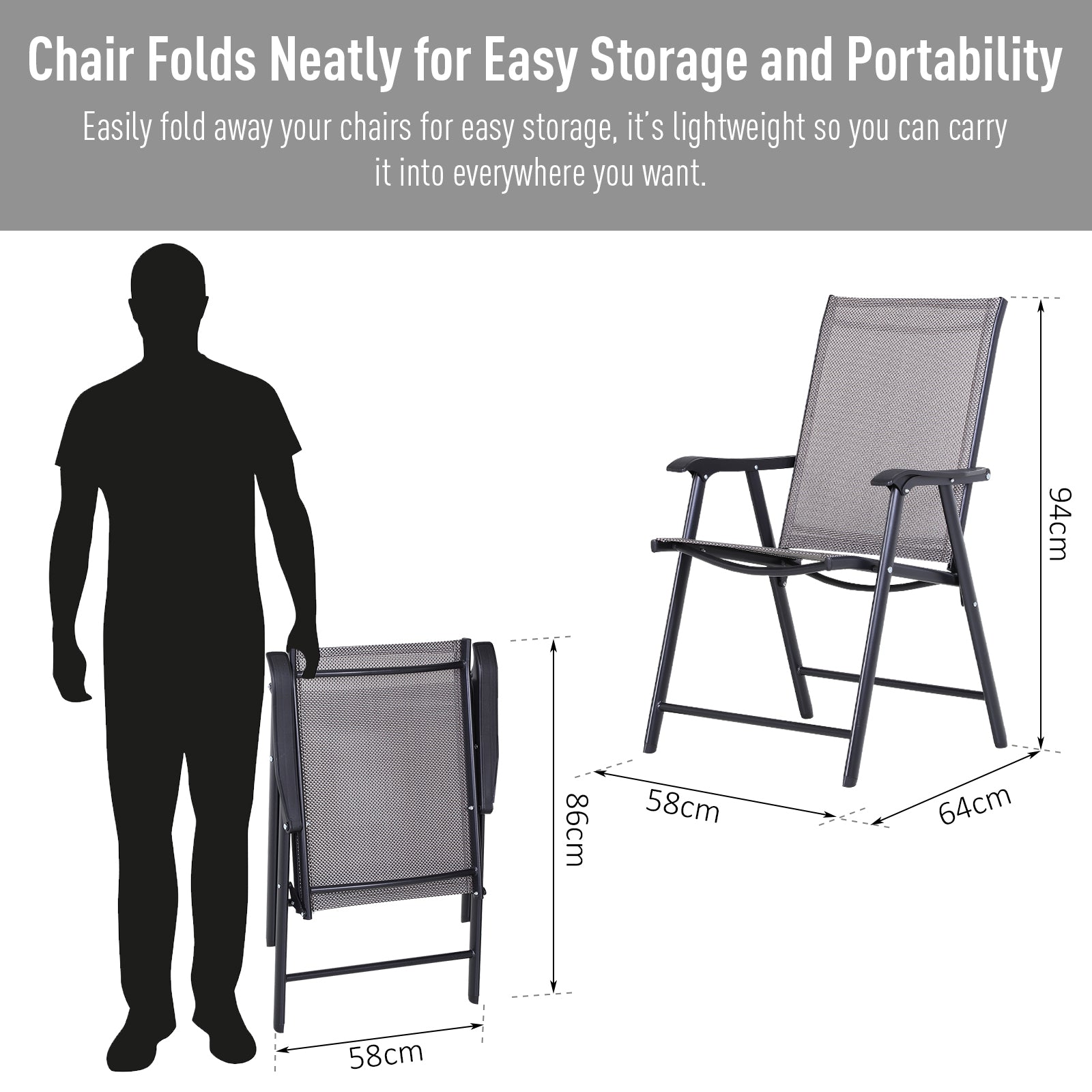 Black folding chair with metal frame and grey mesh fabric perfect for outdoor use