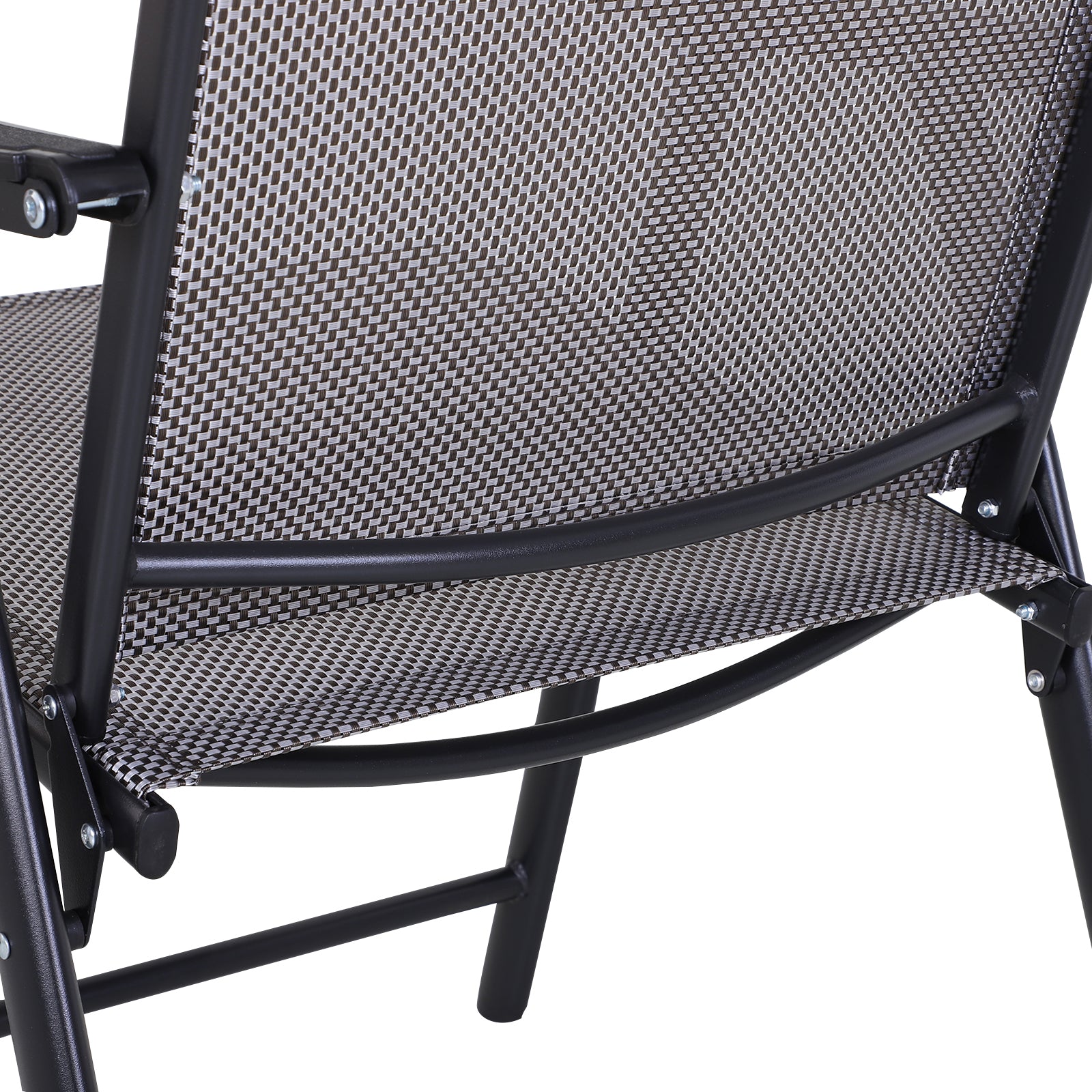 Closeup of a brown and white woven fabric patio chair seat and back