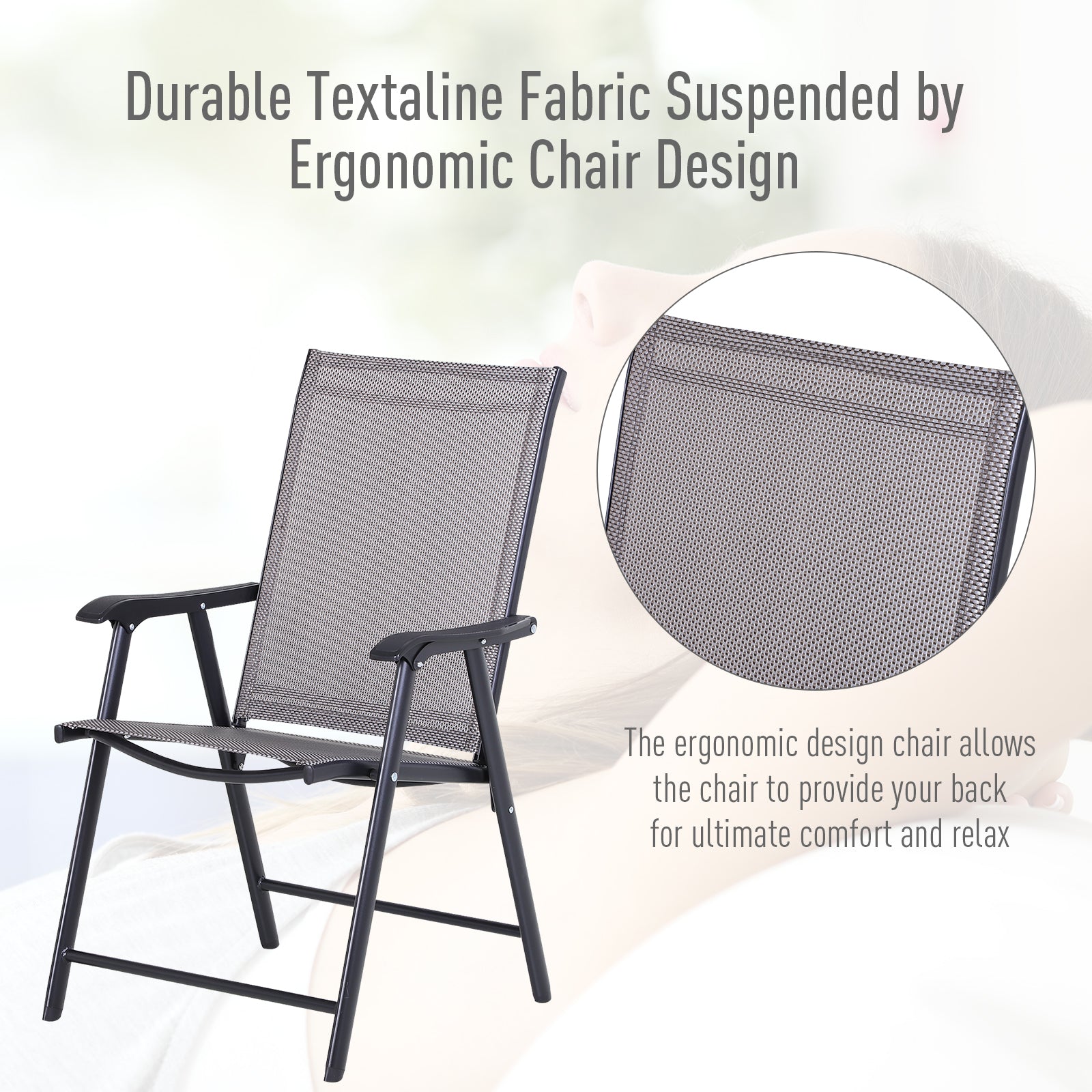 Gray textiline fabric folding patio chair with black metal frame perfect for outdoor relaxation