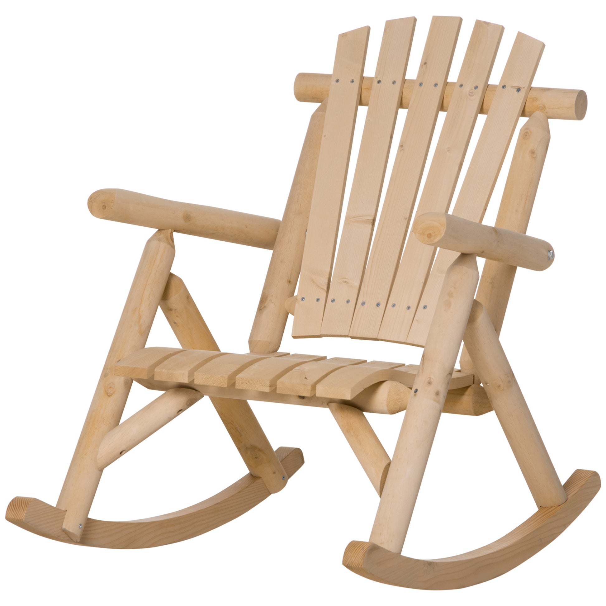 Natural wood Adirondack rocking chair with slatted seat and back