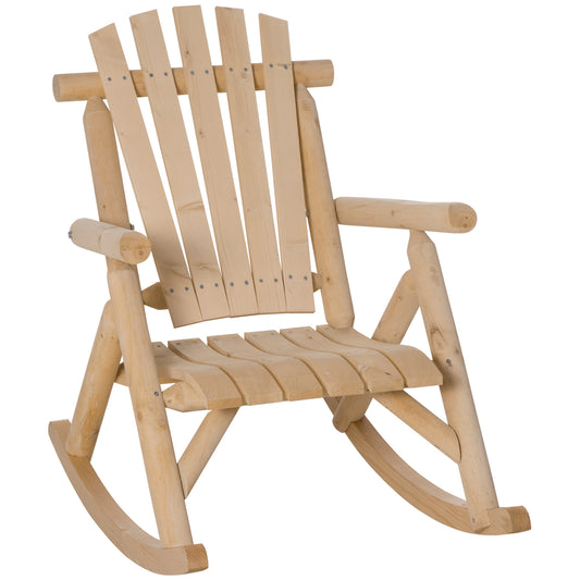 Natural wood Adirondack rocking chair with slatted seat and backrest