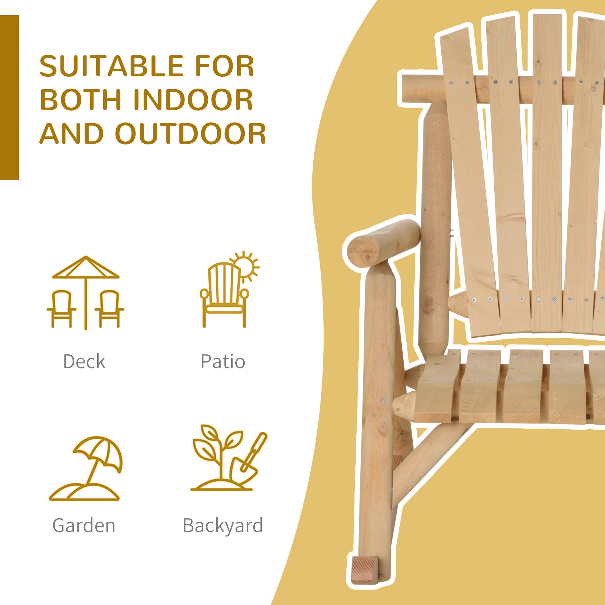 Natural wood Adirondack chair with slatted back and seat perfect for outdoor seating