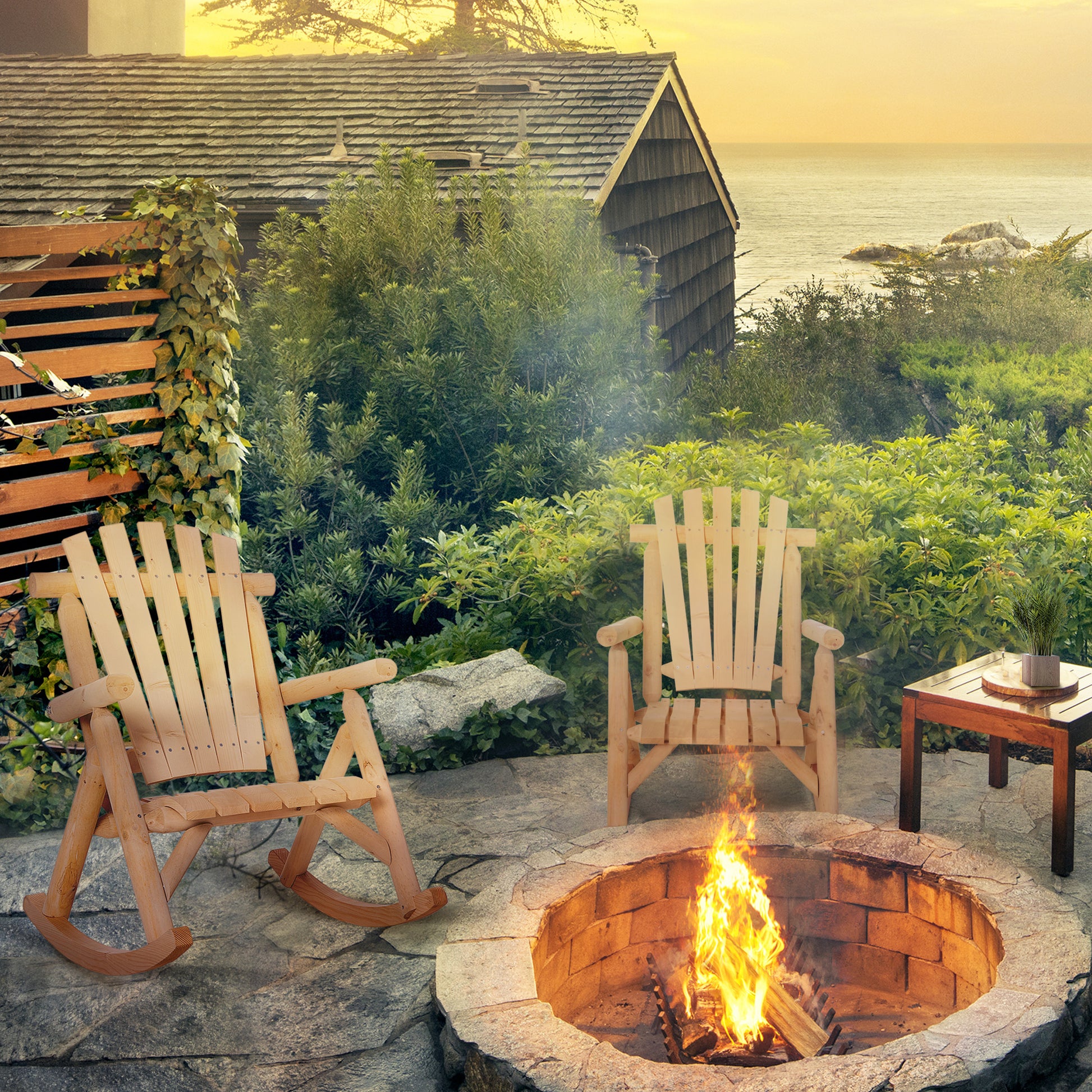 Natural wood Adirondack rocking chair by a stone fire pit at sunset