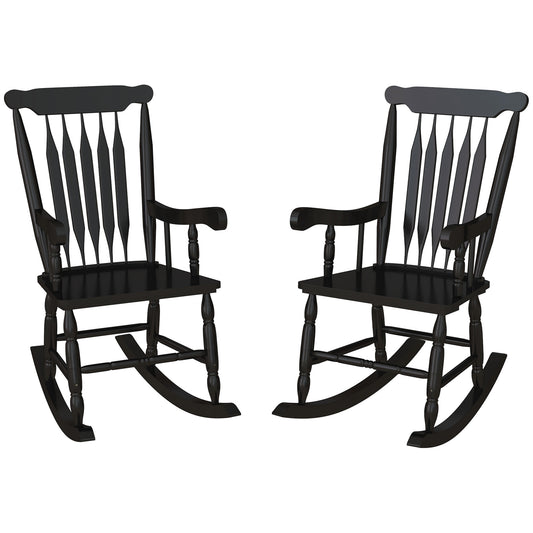 Pair of black wooden rocking chairs with spindle backs perfect for a cozy living room
