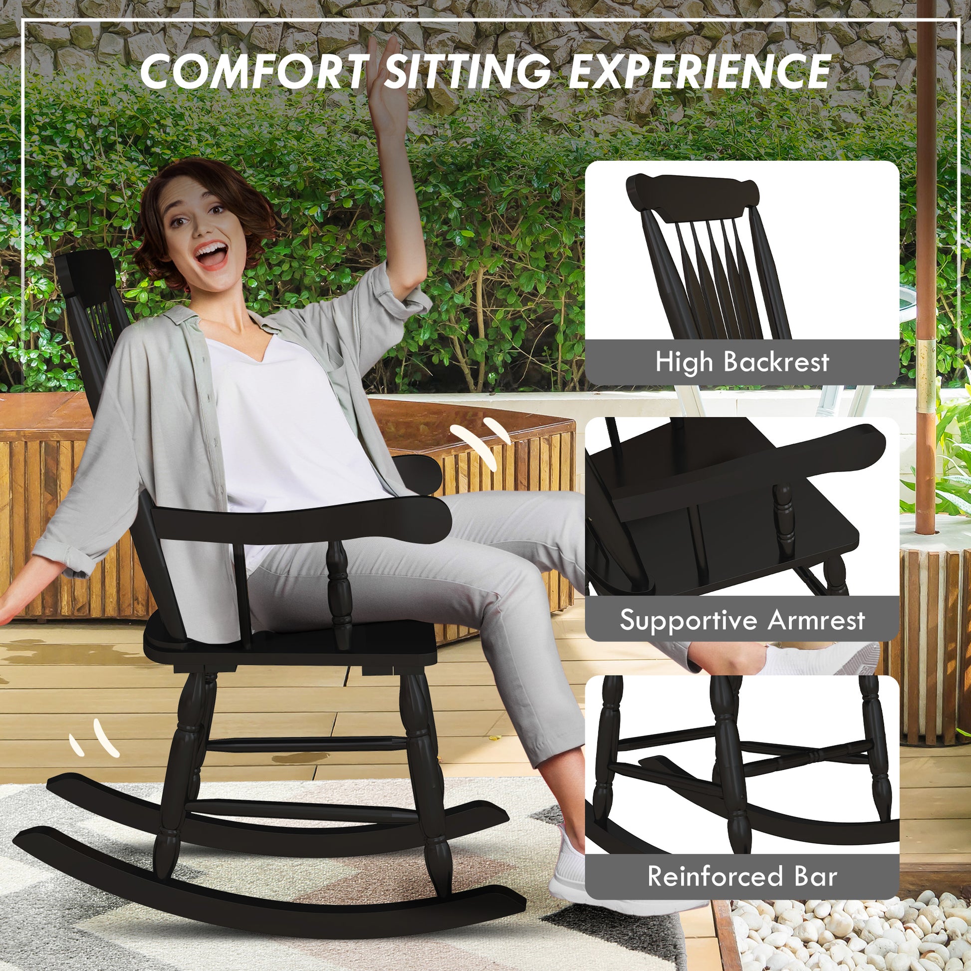 Black wooden rocking chair with a high backrest for a cozy reading nook