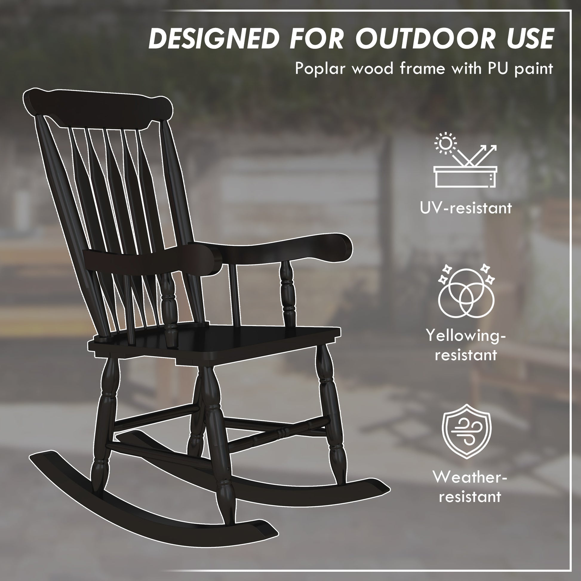 Dark brown poplar wood rocking chair with classic spindle back and comfortable armrests for outdoor use