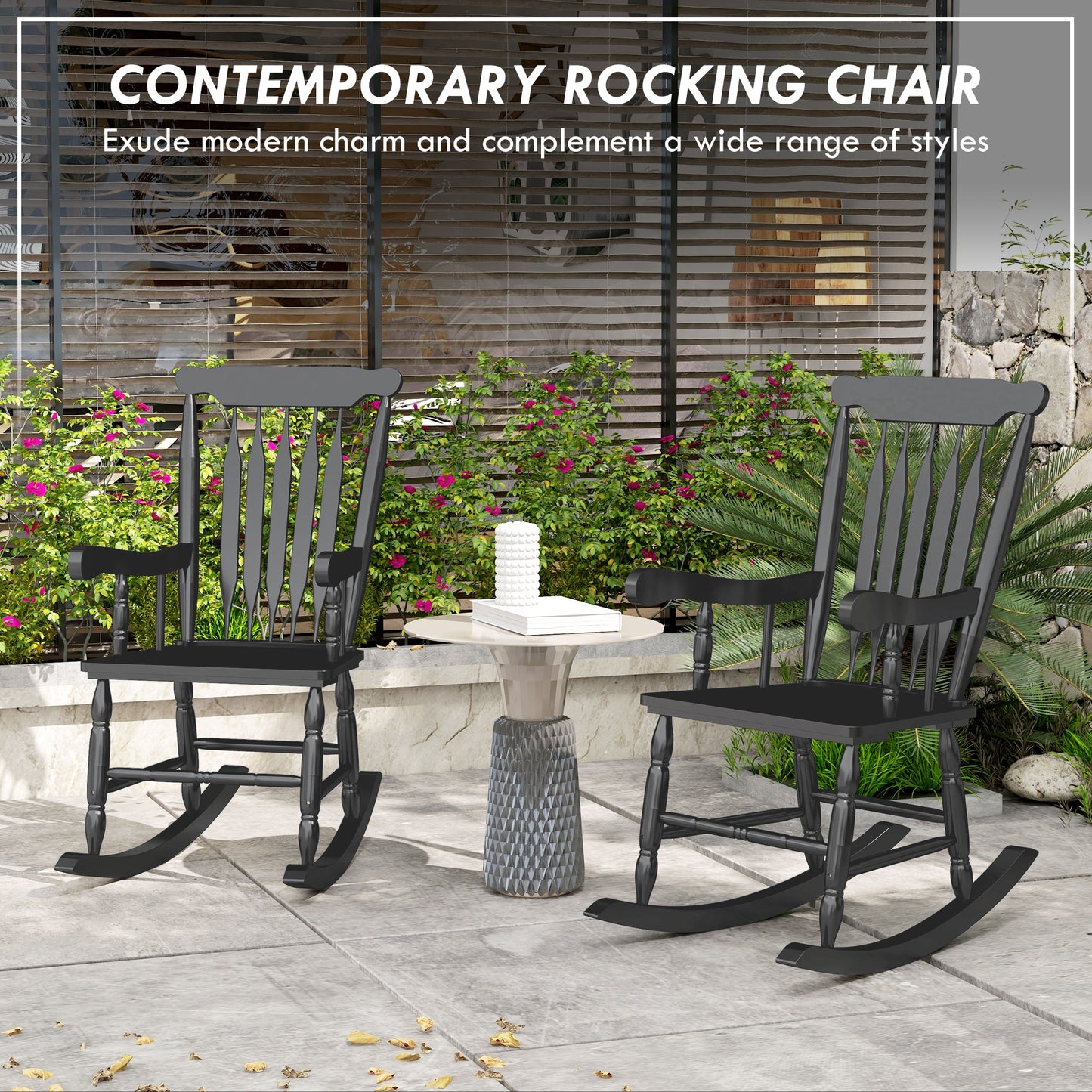 Classic black wooden rocking chair with spindle back and curved legs