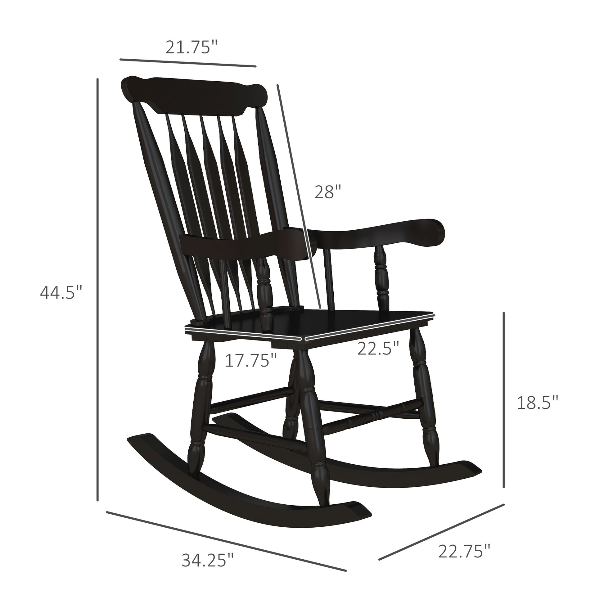 Black wooden rocking chair with spindle back and curved arms ideal for relaxation