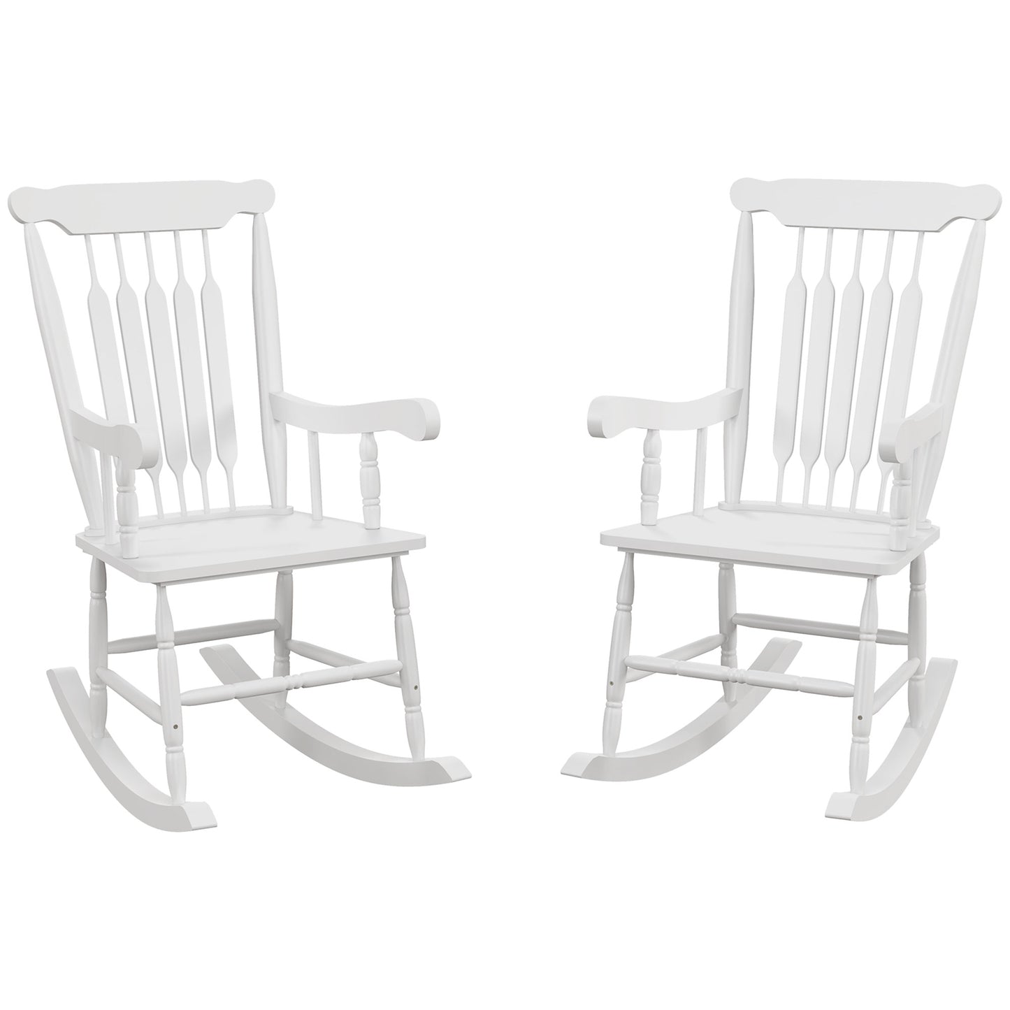 Pair of white wooden rocking chairs with slatted backs and armrests