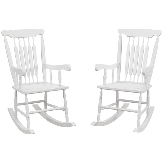 Pair of white wooden rocking chairs with slatted backs and armrests