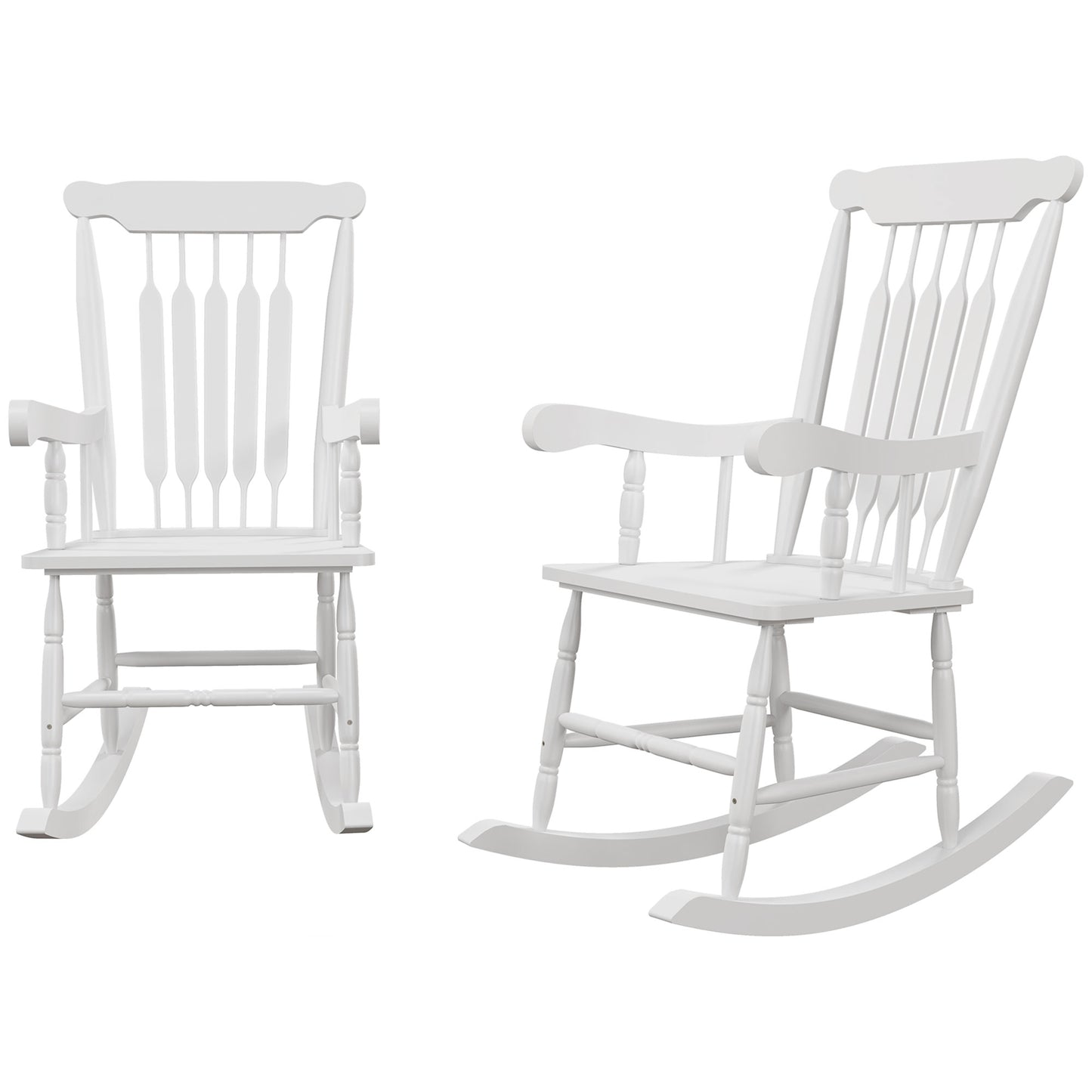 White wooden farmhouse rocking chair with spindle back and curved arms