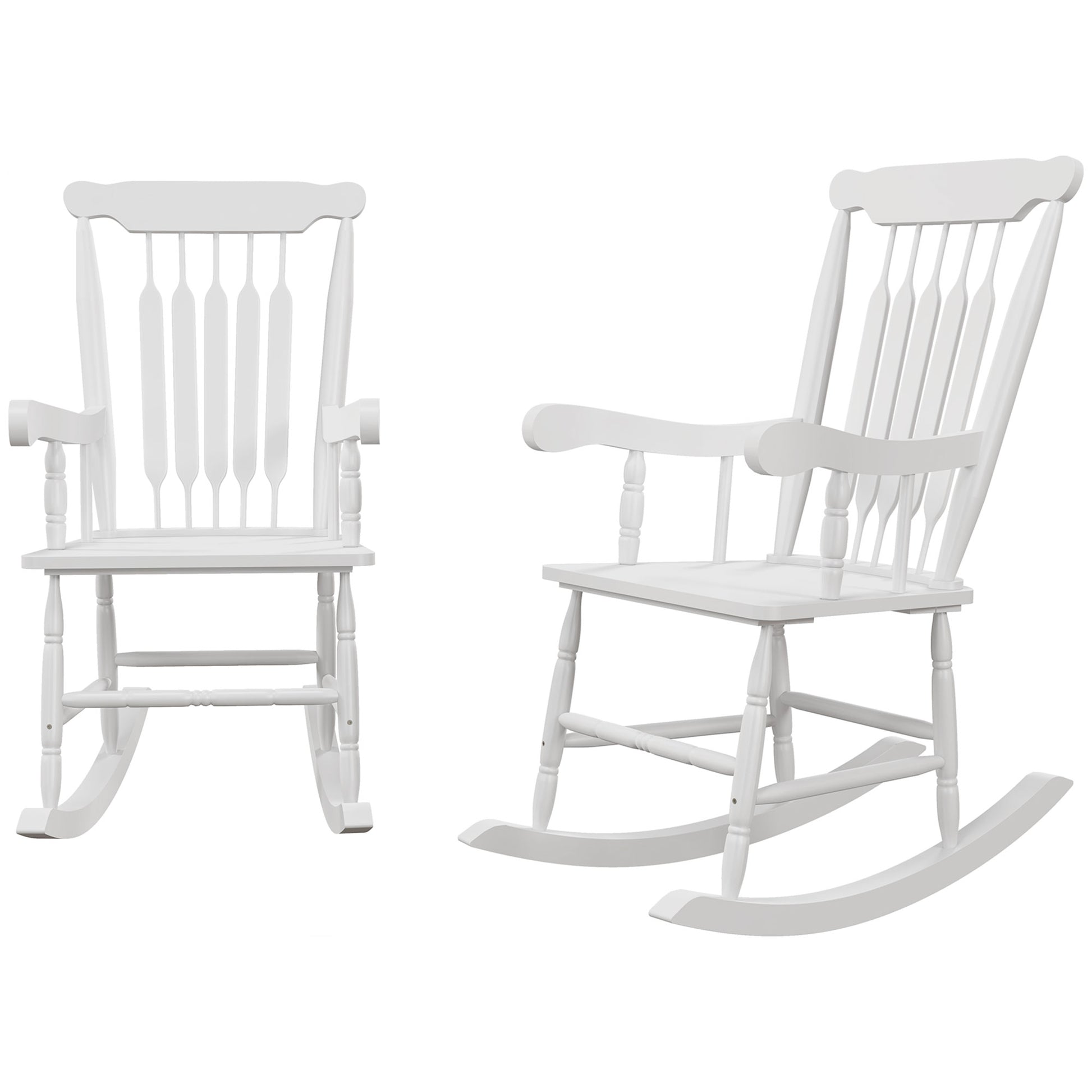 White wooden farmhouse rocking chair with spindle back and curved arms