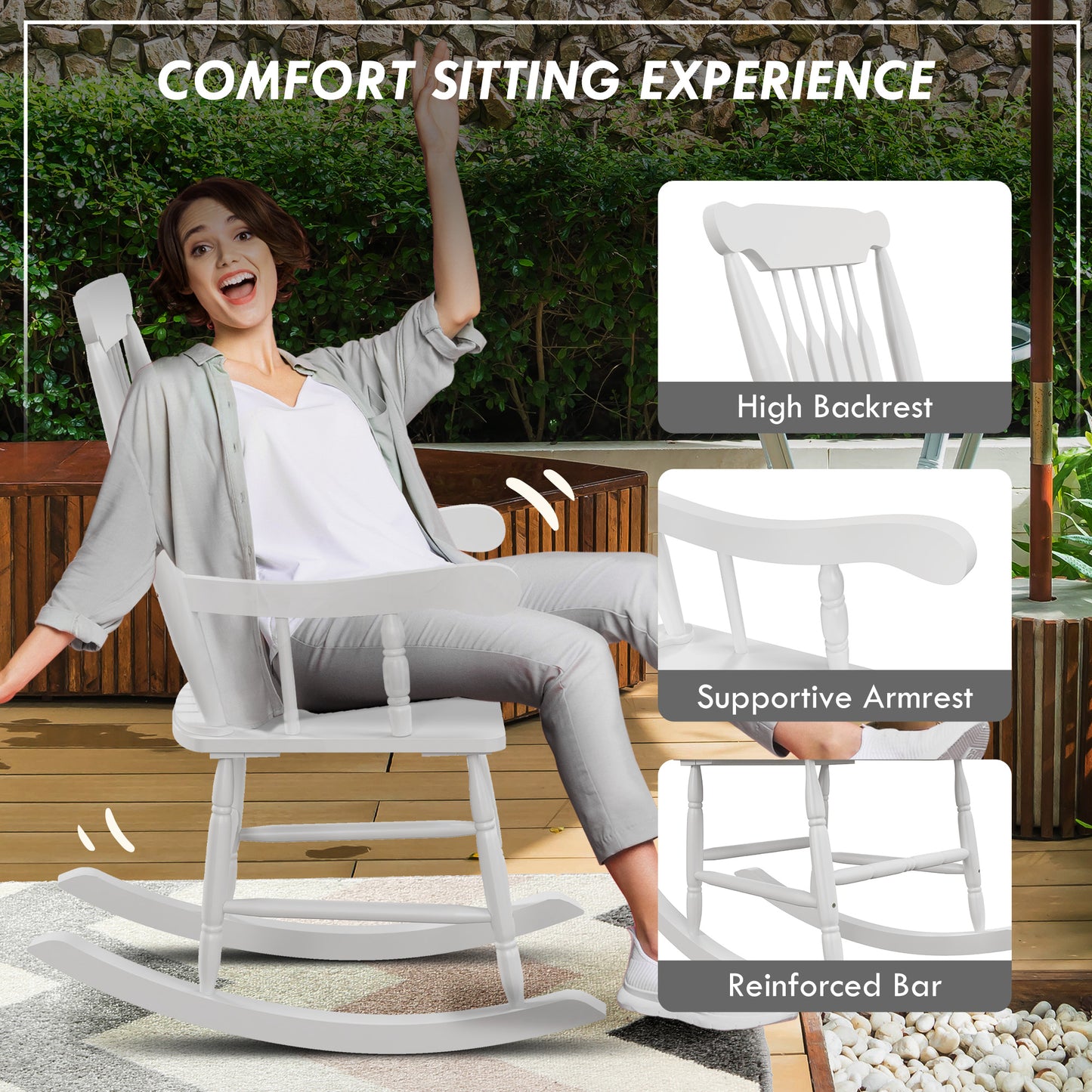 White wooden rocking chair with high backrest offering a comfortable sitting experience outdoors