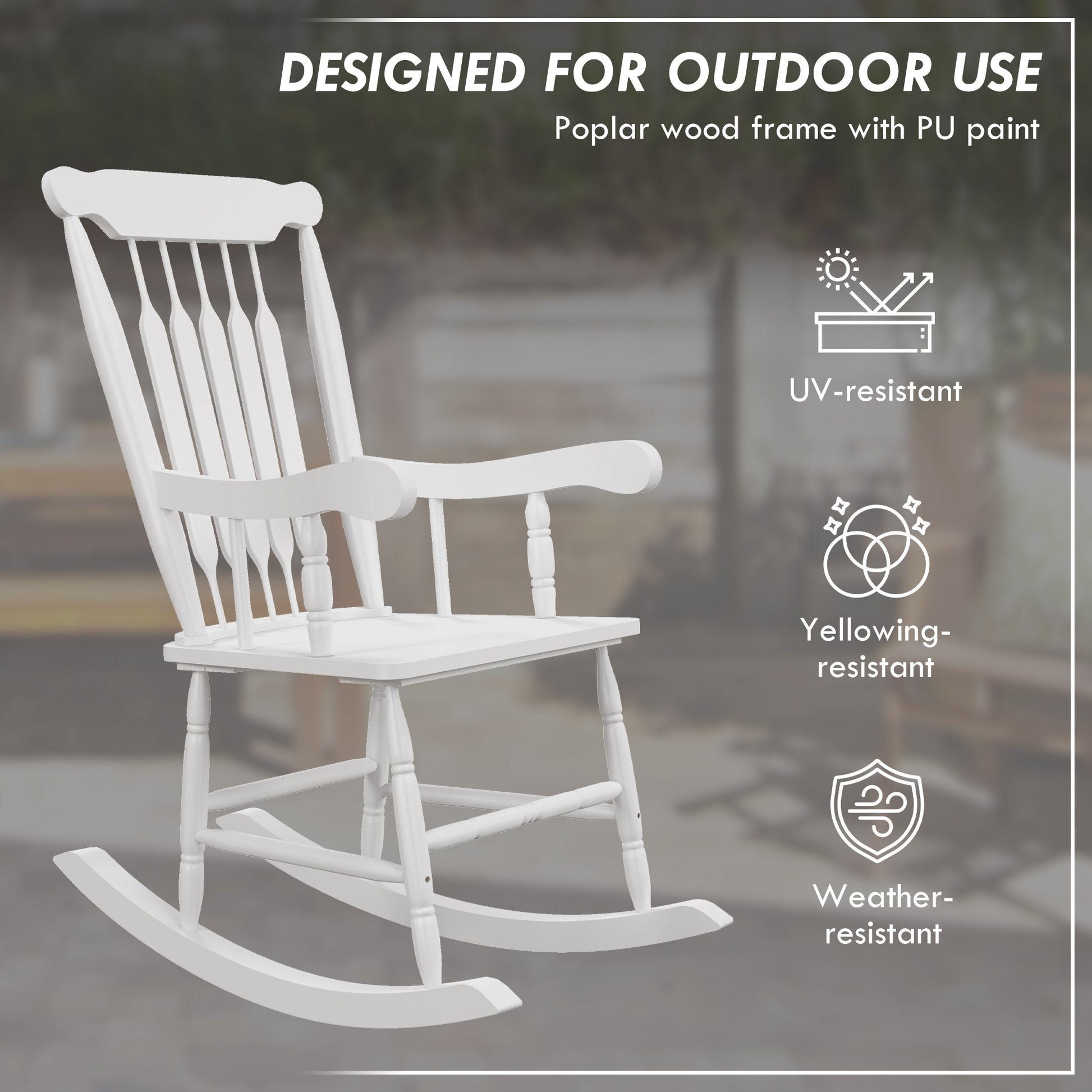 White wooden rocking chair with spindles and armrests perfect for outdoor use