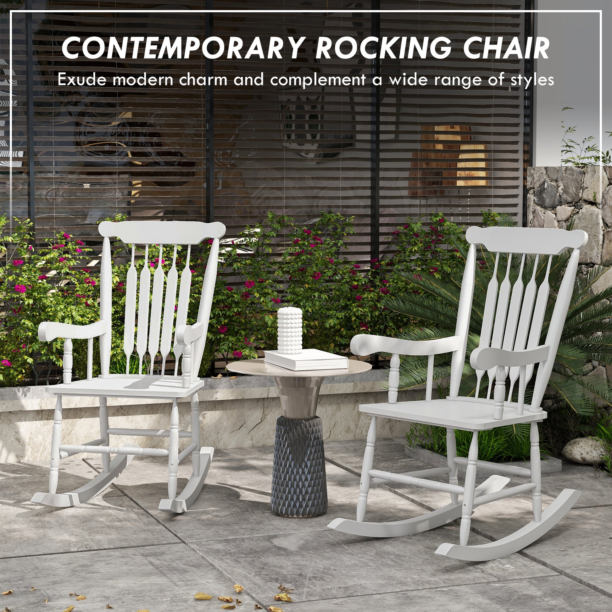 White wooden rocking chair with spindle back and armrests on patio