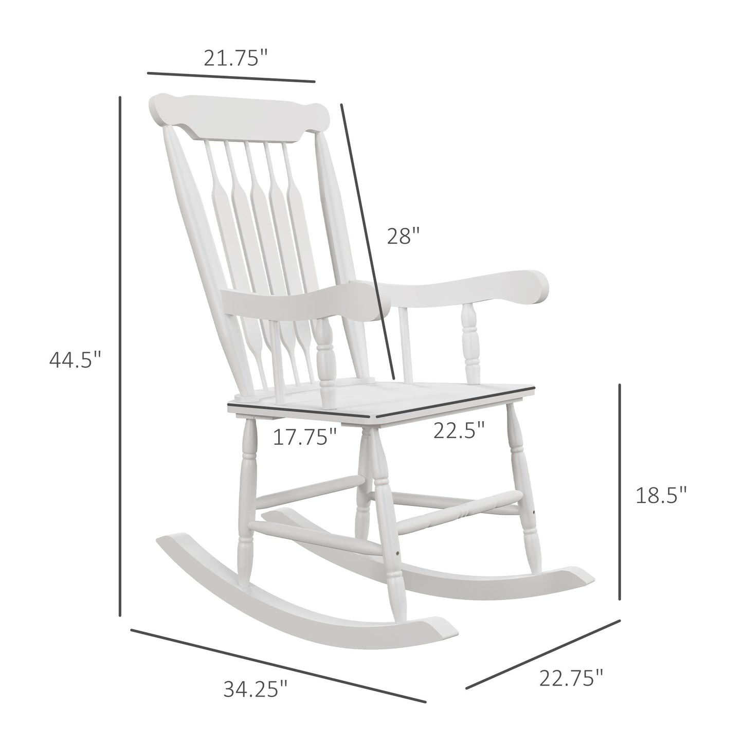 White wooden spindle back rocking chair with armrests and curved legs