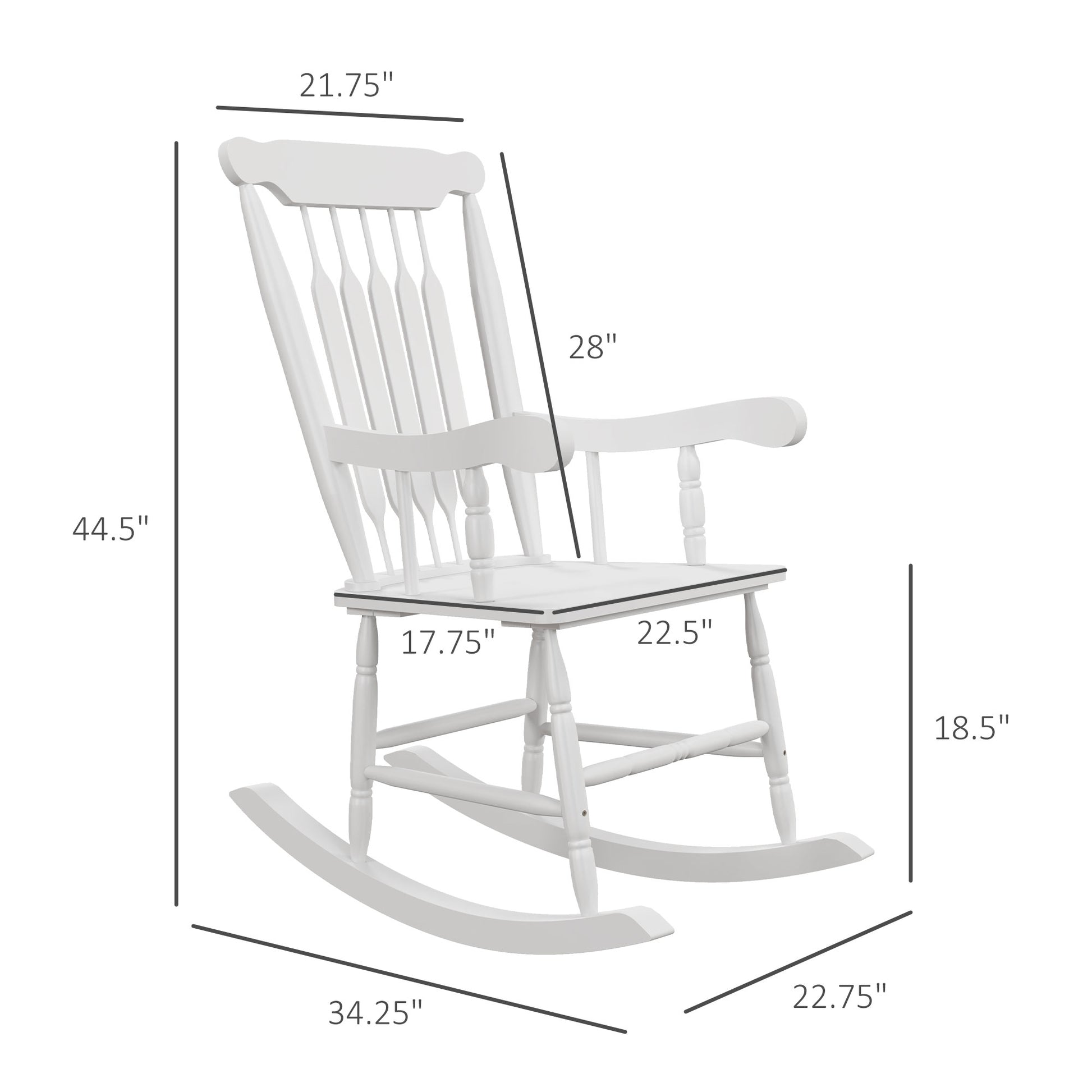 White wooden spindle back rocking chair with armrests and curved legs