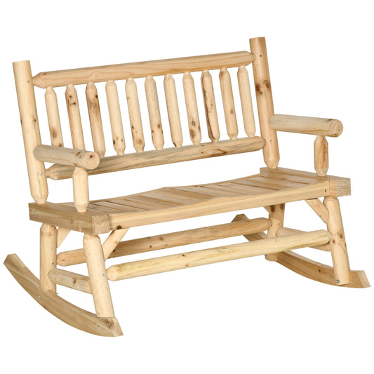 Log cabin style wooden rocking bench with natural wood finish for rustic outdoor seating