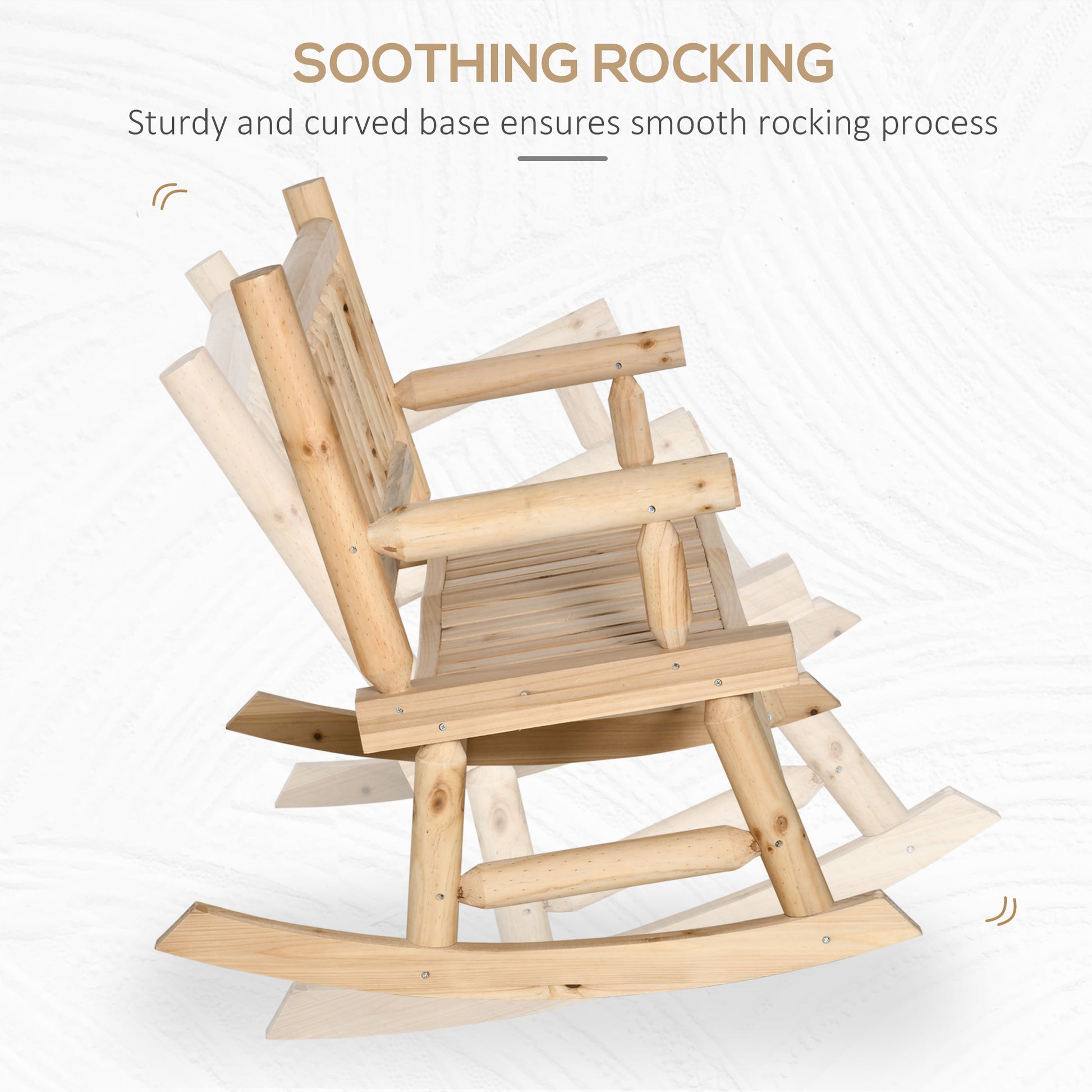Natural wood log rocking chair with sturdy curved base for smooth motion