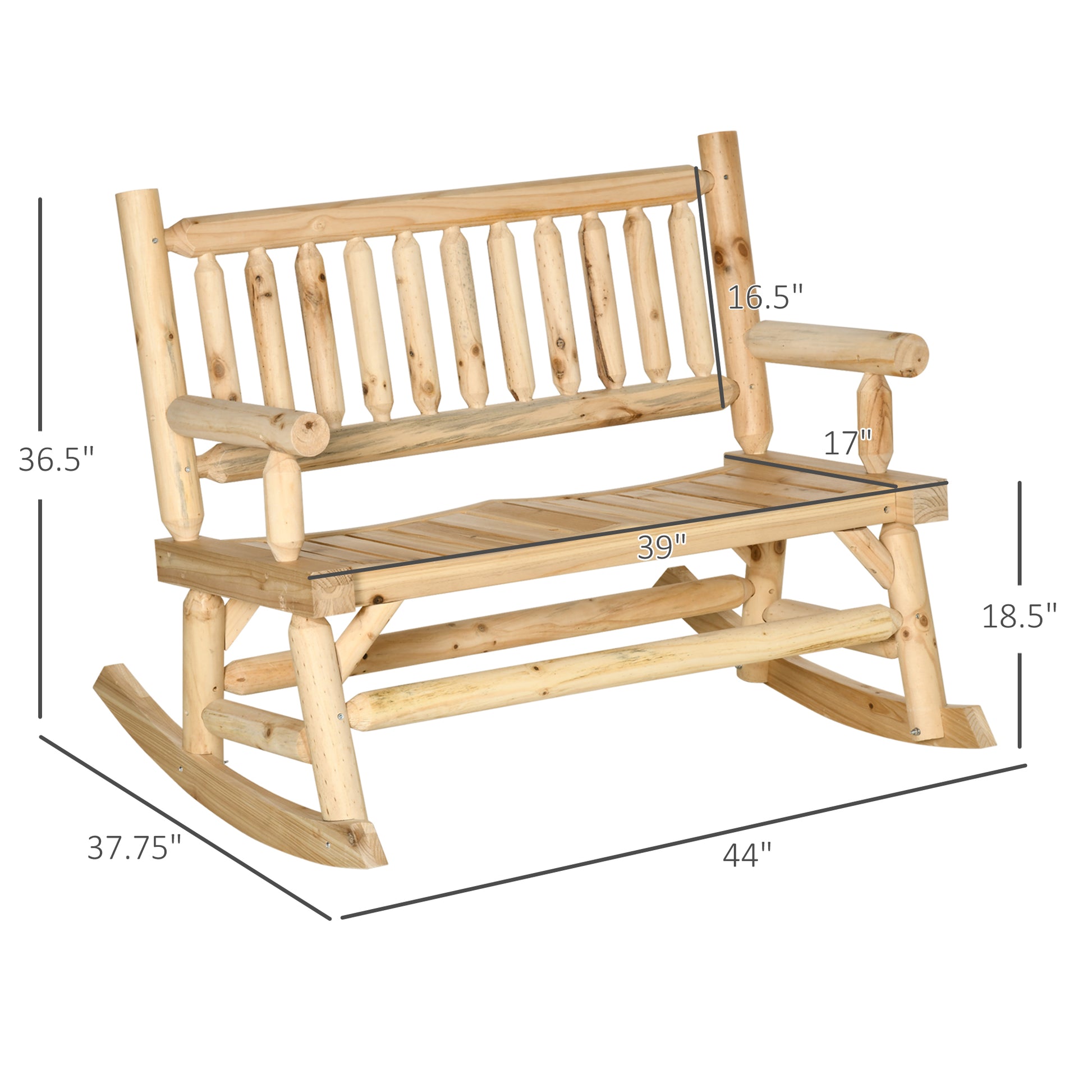 Natural wood log rocking chair with slatted seat and back perfect for outdoor relaxation