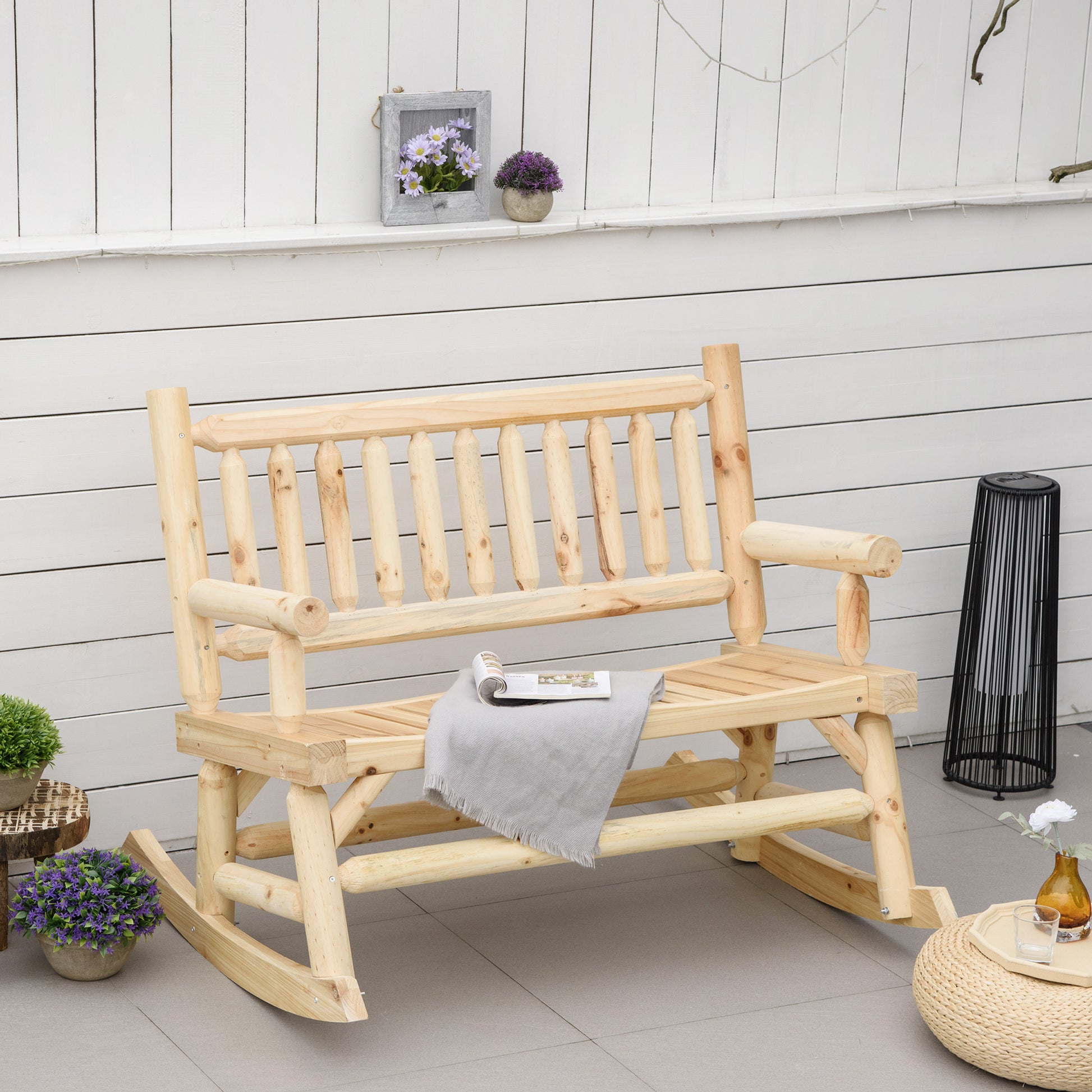 Natural pine wood porch glider with slatted seat and logstyle frame