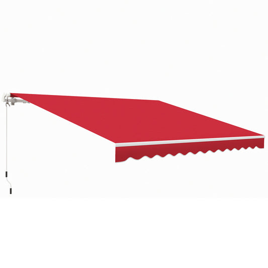 Red retractable patio awning with scalloped valance and white trim