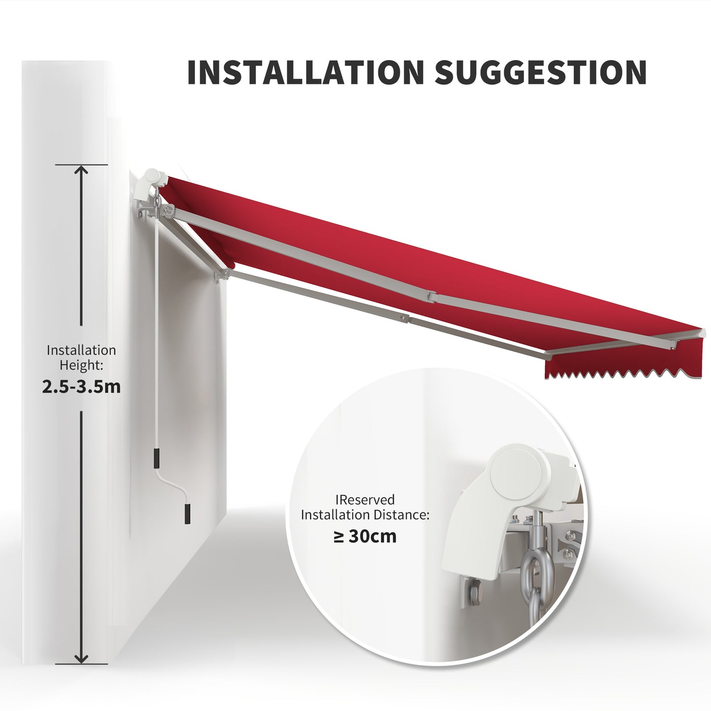 Red retractable awning mounted at m installation height