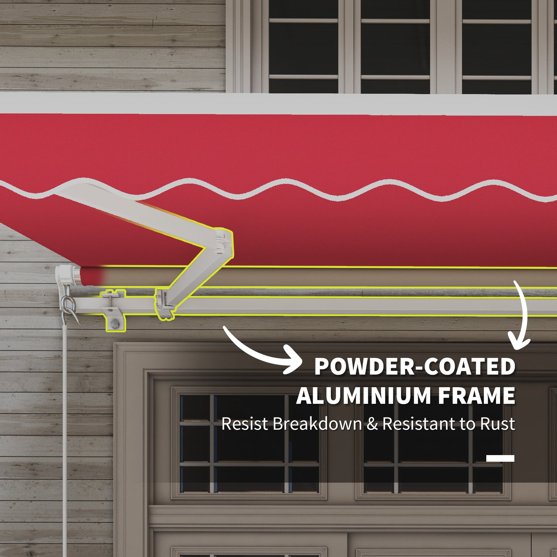 Retractable awning with a bright red fabric and a durable powdercoated aluminum frame