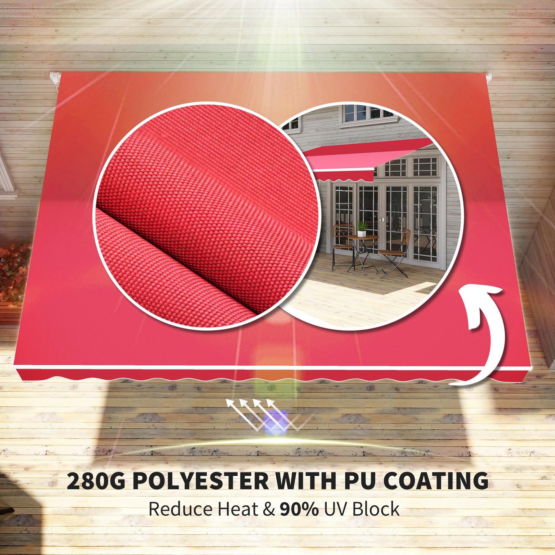 Red polyester awning fabric closeup showing textured weave outdoor patio shade
